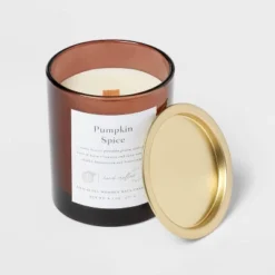 Clear Colored Glass With Woodwick And Brass Metal Inset Lid Pumpkin Spice - Threshold™ -Threshold Sales Store GUEST 0f1ab2d8 1770 4918 b056 6328d597fa18