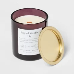 Clear Colored Glass With Woodwick And Brass Metal Inset Lid Spice Vanilla Fig Candle Purple - Threshold™ -Threshold Sales Store GUEST 851e53a4 1b0e 449b 92ac ac1f0d30a37e